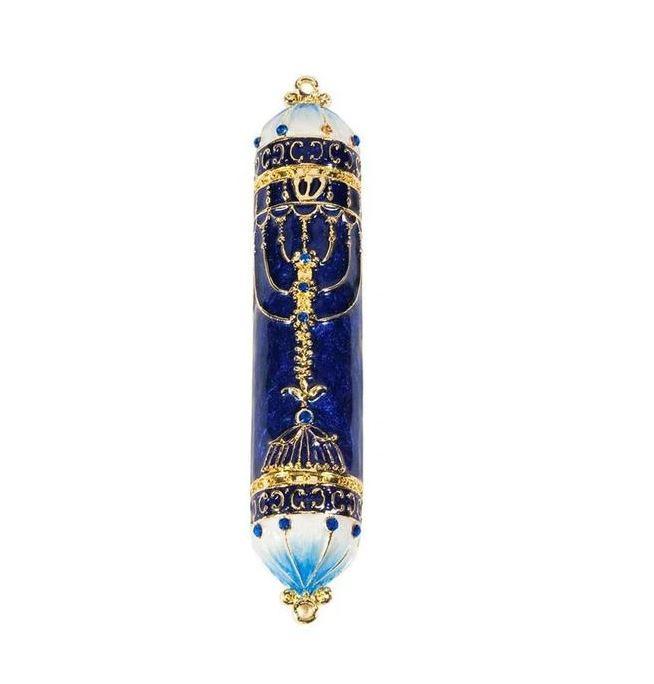 Mezuzah - Blue and Gold Menorah Pewter - Rock of Israel Store