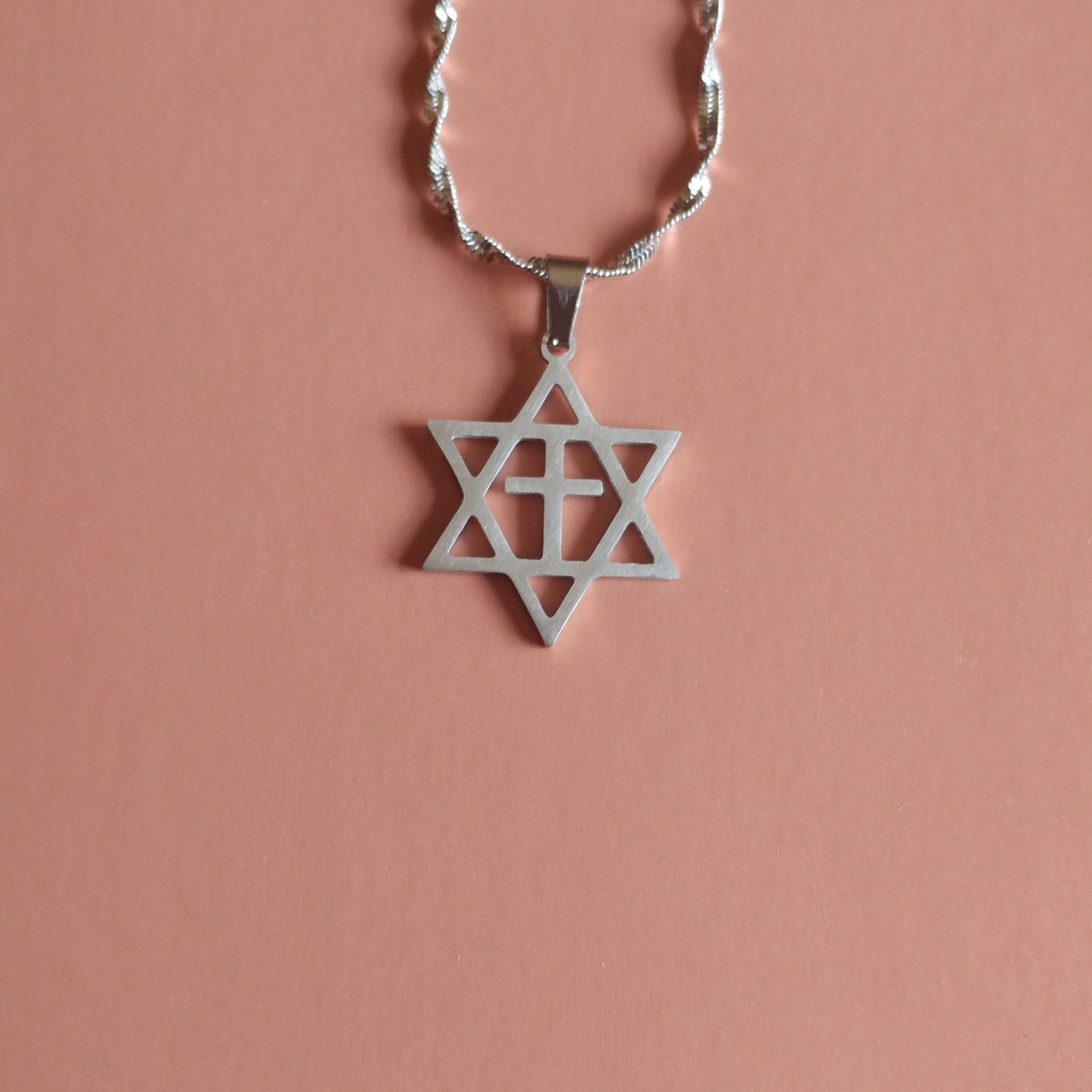 Jewish Star with cross Necklace - Silver Tone