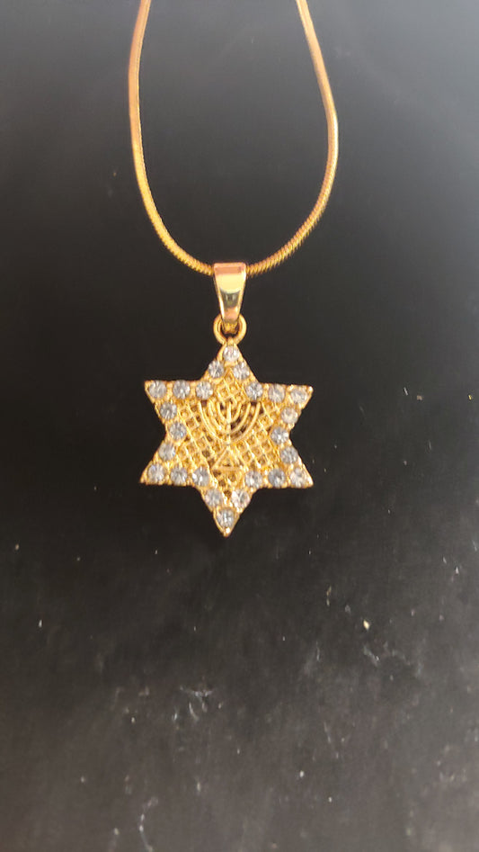 Star of David with Menorah and Rhinestones Necklace