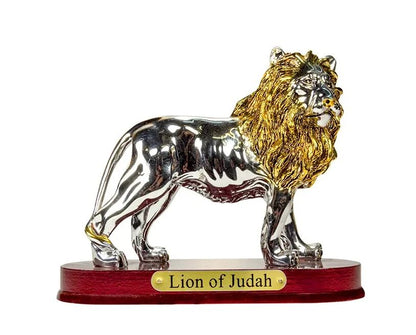 Lion of Judah Statue - Gold and Silver tone on Wood Base