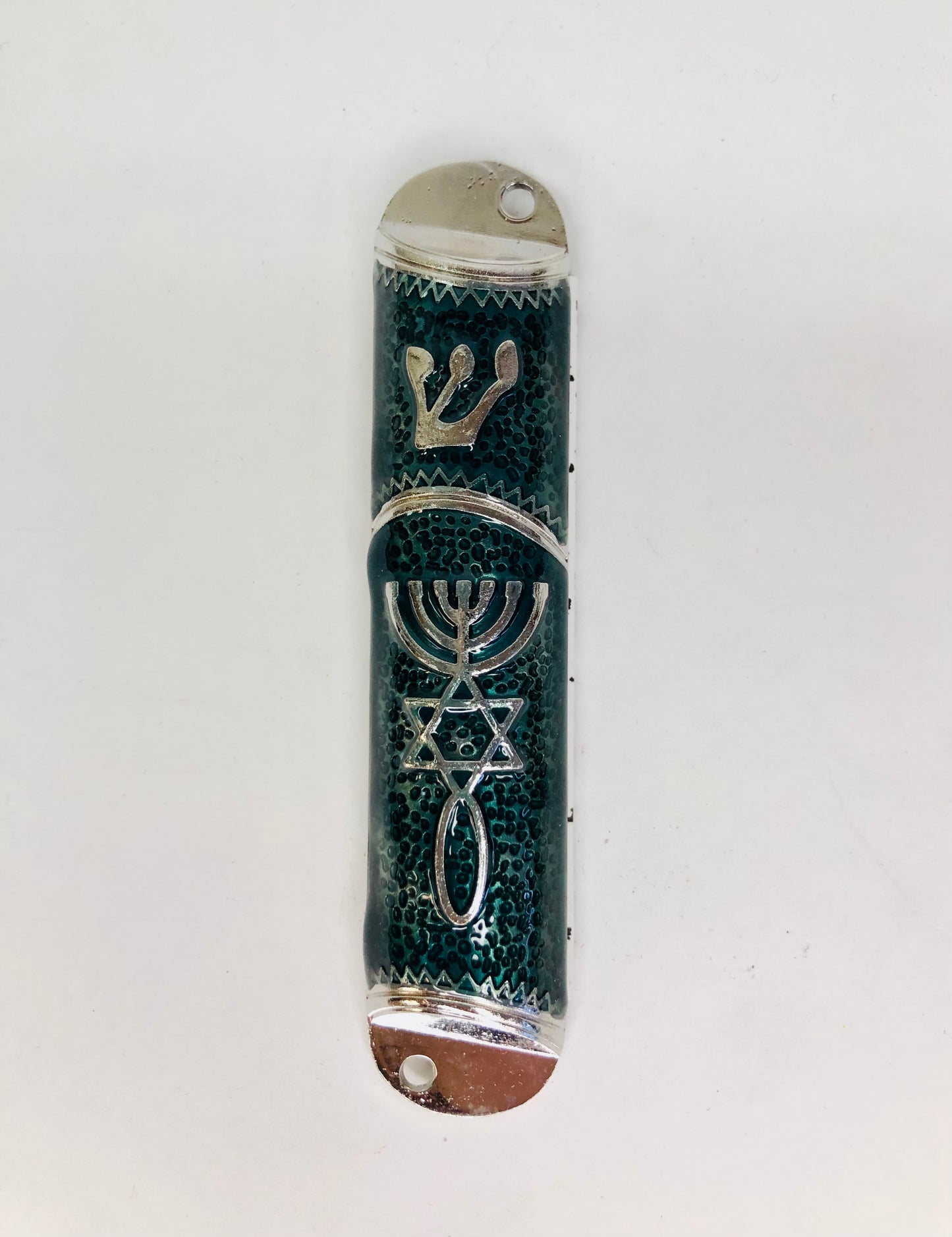 Mezuzah- Green enamel with Messianic seal