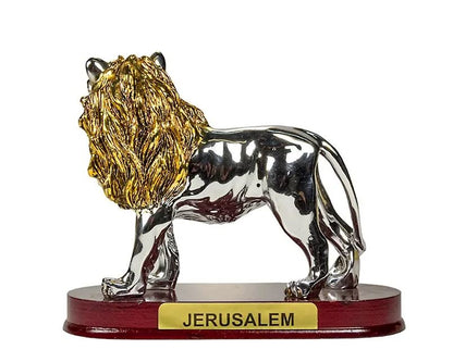 Lion of Judah Statue - Gold and Silver tone on Wood Base