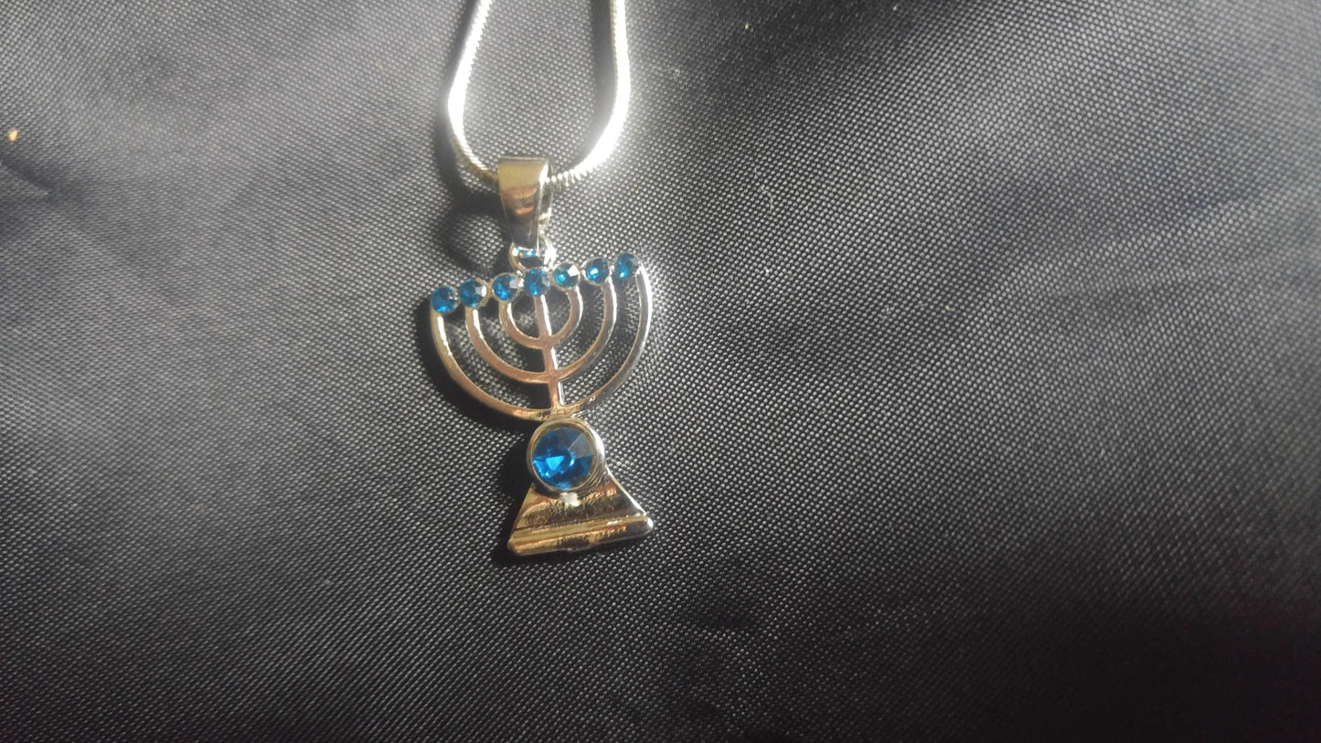 Necklace tiny menorah with blue stones