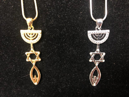 Messianic Necklace Star, Menorah, Fish, Cross