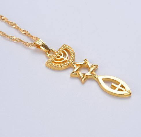 Messianic Necklace Star, Menorah, Fish, Cross - Rock of Israel 