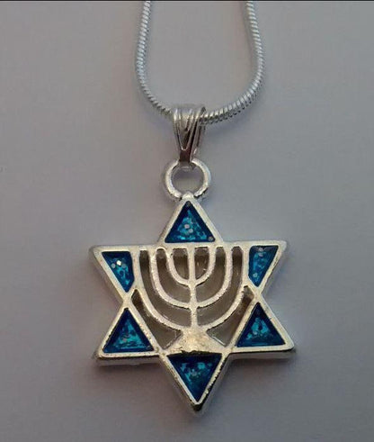 Star of David with menorah blue necklace - Rock of Israel 