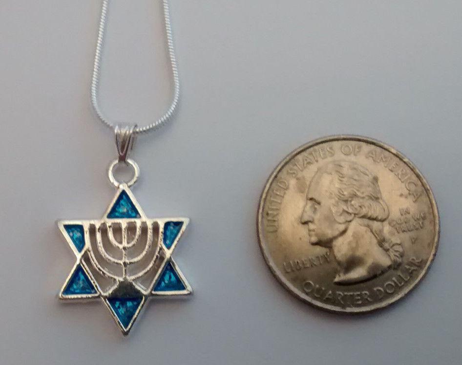 Star of David with menorah blue necklace - Rock of Israel 