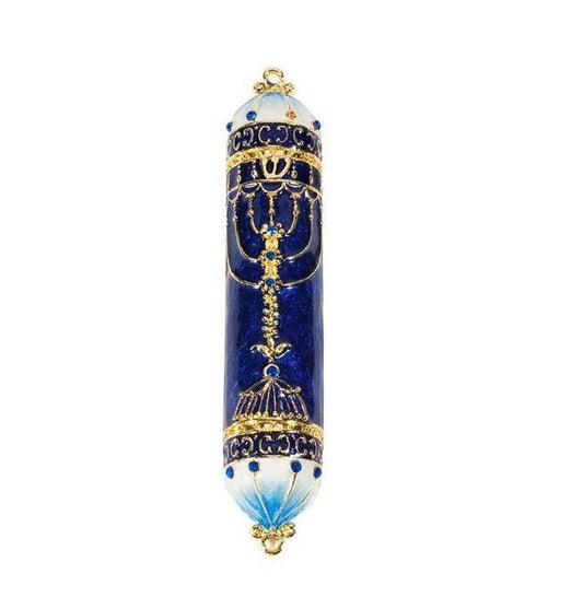 Mezuzah - Blue and Gold Menorah Pewter - Rock of Israel Store