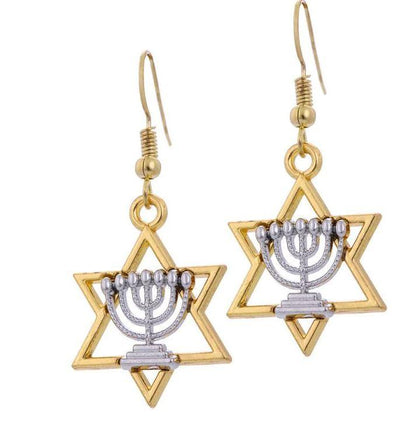 Menorah in Star of David Earrings (gold tone) - Rock of Israel Store