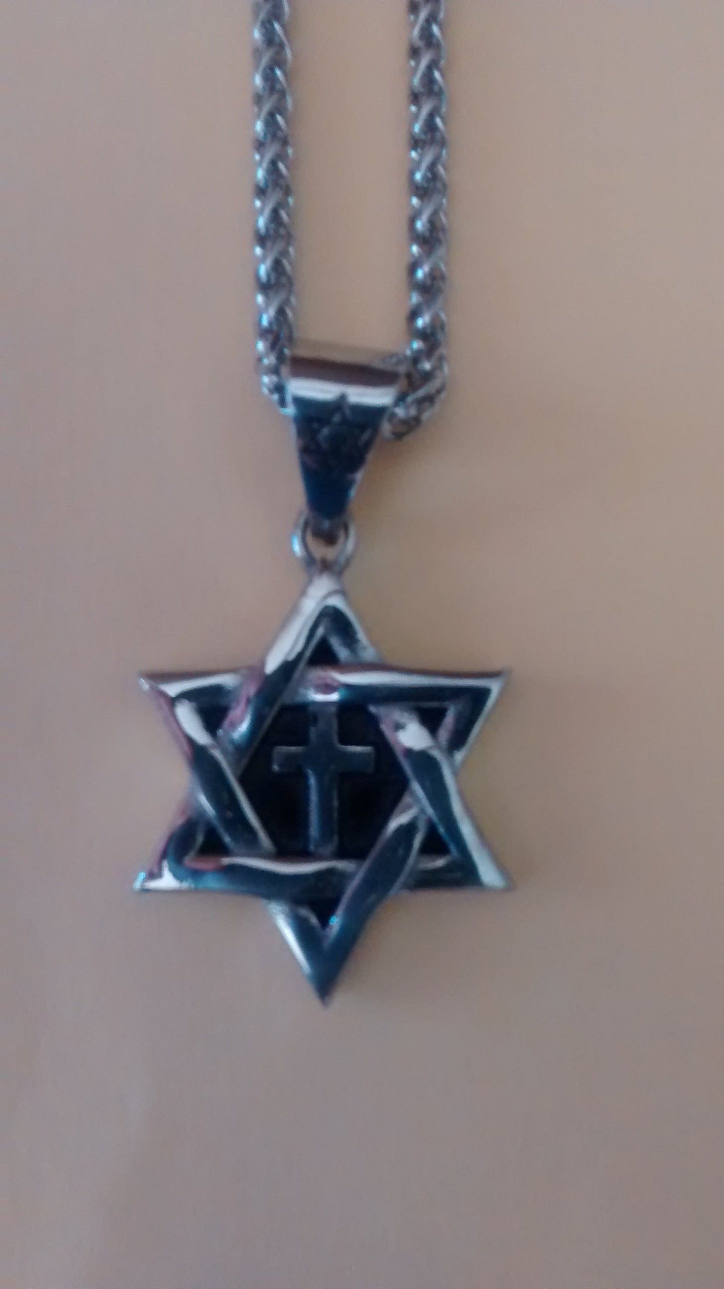 Jewish Star with cross Necklace (silver color) - Rock of Israel 