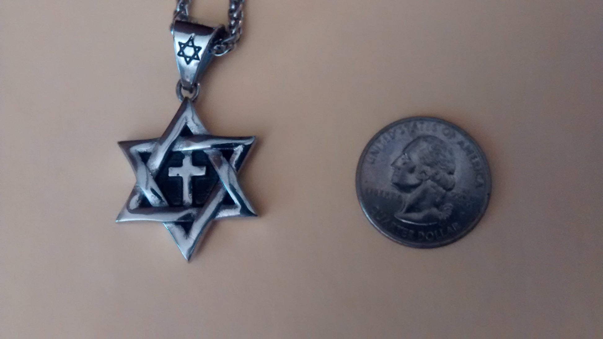 Jewish Star with cross Necklace (silver color) - Rock of Israel 