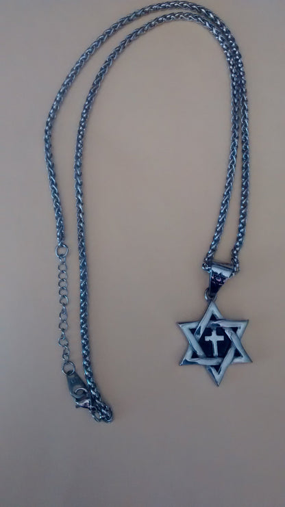 Jewish Star with cross Necklace (silver color) - Rock of Israel 