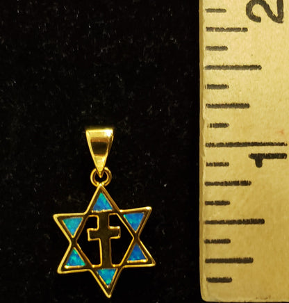 Jewish star with cross necklace.  w/ Blue Opal Gold Plated. - Rock of Israel Store