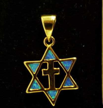 Jewish star with cross necklace.  w/ Blue Opal Gold Plated. - Rock of Israel Store