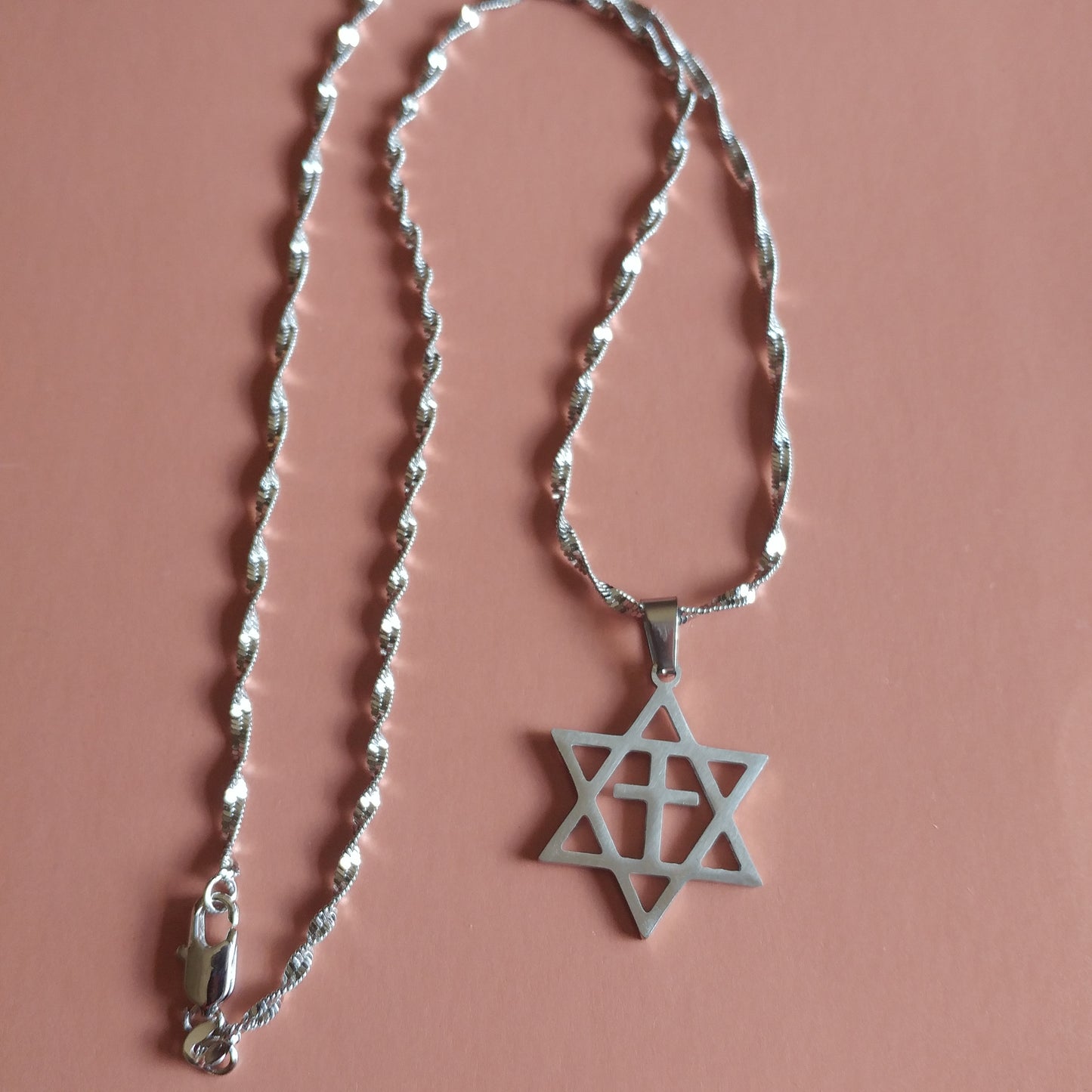 Jewish Star with cross Necklace - Silver Tone