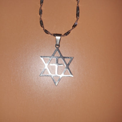 Jewish Star with cross Necklace - Silver Tone