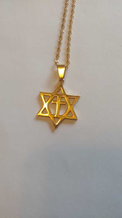 Jewish Star with cross Necklace - Gold Tone